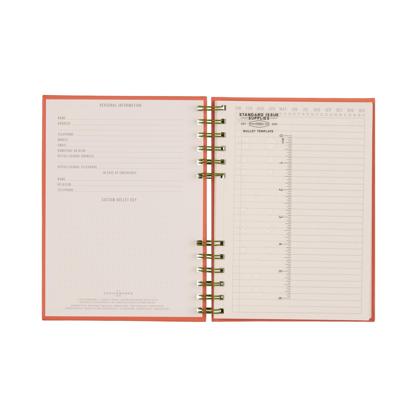 DesignWorks Ink Standard Issue Notebook No. 12, Undated Daily Planner & Writing Journal, 192 Lined Pages, Elastic Pen Holder, Small Spiral Notebook for Work & Journaling, 6 x 8.25 in, Army Green + Chili