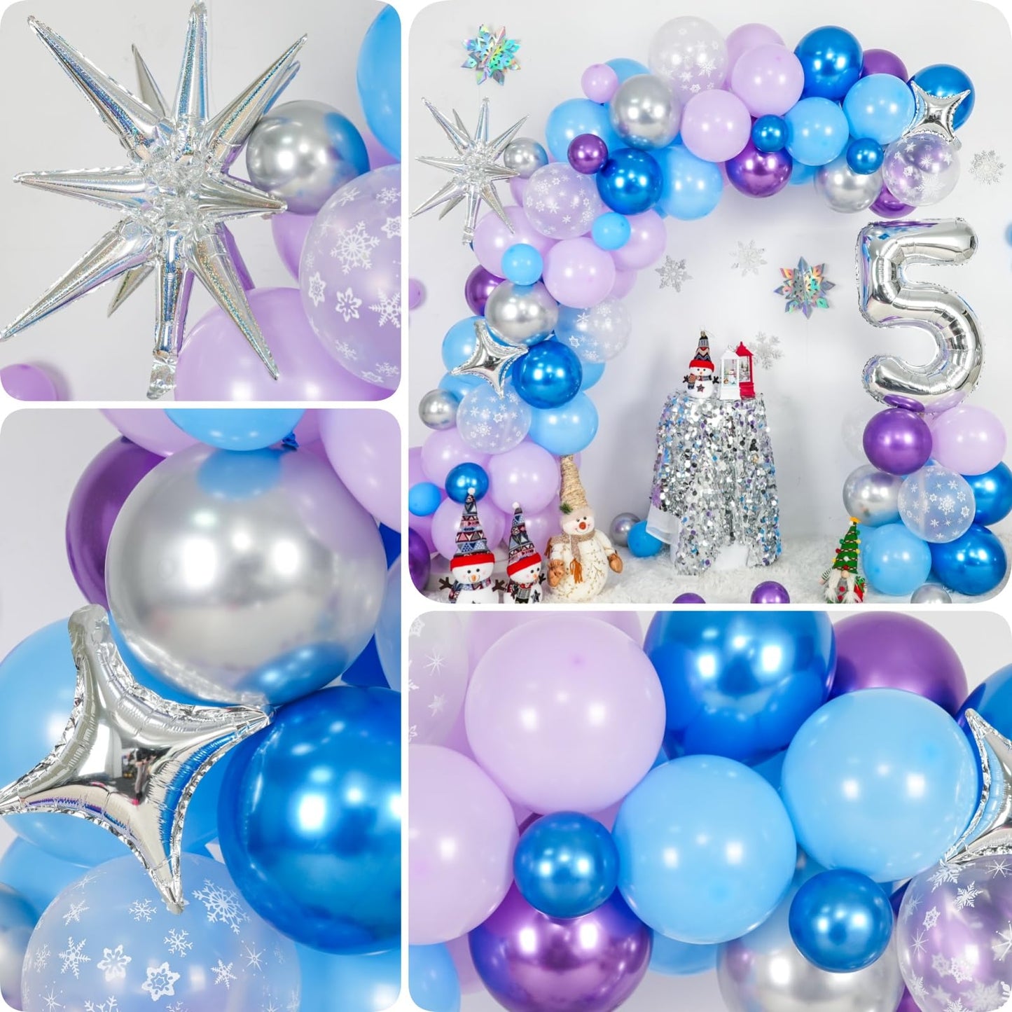 Snow 7th Birthday Decorations Girl, Snowflake Balloon Garland Arch Kit, Laser Explosion Star Balloons, Silver Number 7 Balloon Tower for Baby Shower Girls 7th Snow Theme Party Supplies