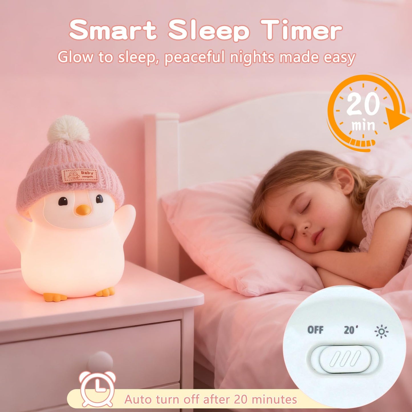 FAMIDUO Pink Penguin Night Light with Knit Hat - Squishy Silicone Rechargeable LED Bedside Lamp, Dimmable Timer for Baby Nursery, Cute Animal Nightlight, Adorable Penguin Gift for Boys Girls Toddlers