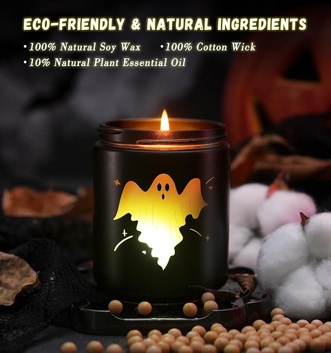 Halloween Decor Indoor-Halloween Gifts Candles for Women with LED Ghost, Ghost Candle with Mint & Musk Scent Over 40 Hours of Burn Time, Gift for Holiday, Home Fall Decorations Indoor, 100% Soy Wax