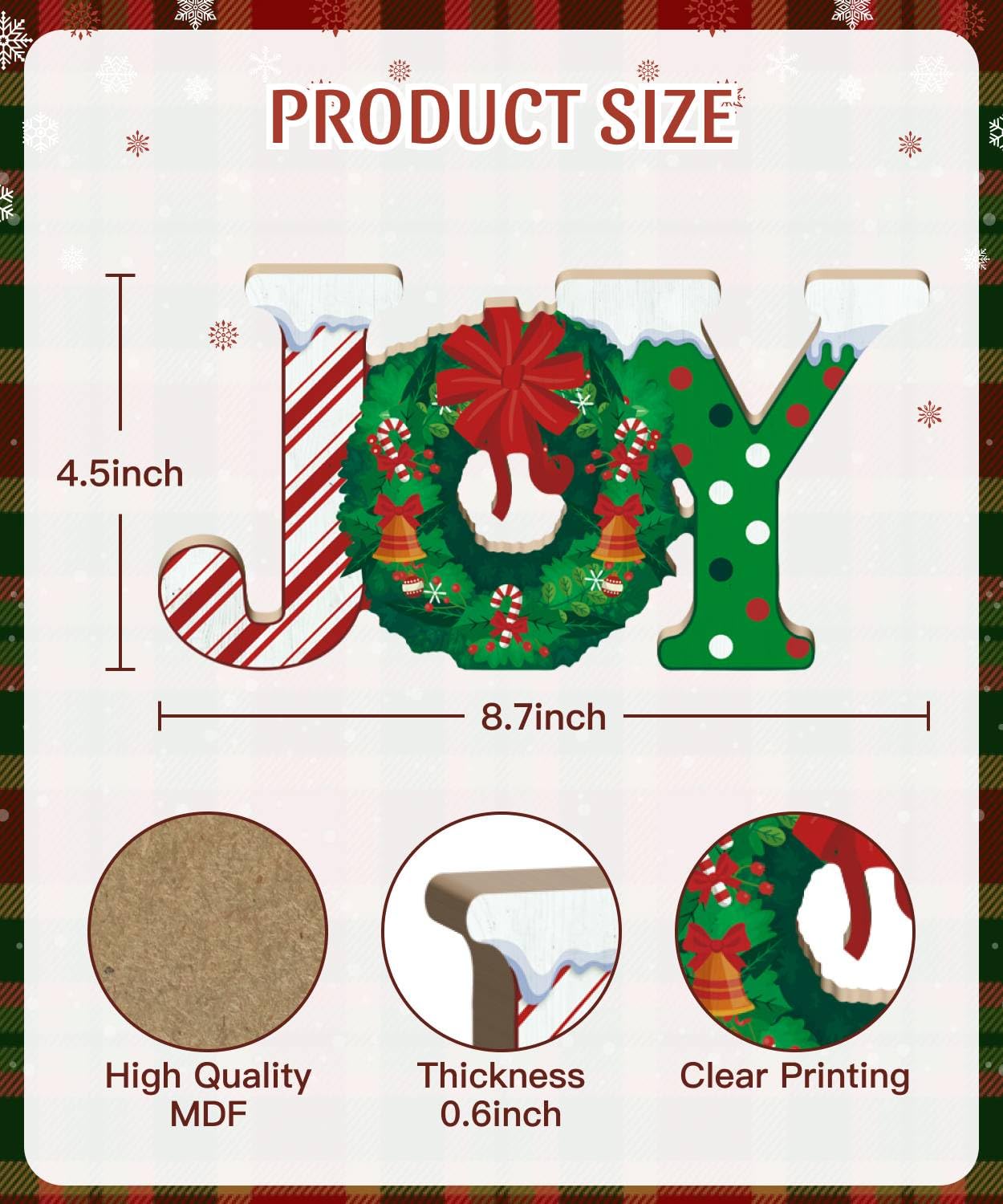 Putuo Decor Christmas Table Decor, Red Joy Christmas Letters Decorations Indoor with Wreath Candy Cane Pattern, Wooden Joy Christmas Sign for Home Fireplace Mantel Xmas Holiday Decor