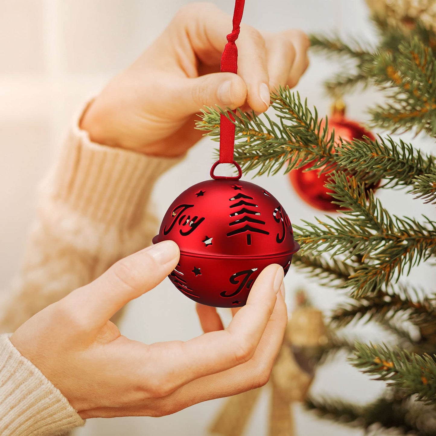 Hotop 6 Pieces Large Jingle Bell Christmas Joy Bell Metal Ornaments with Star Cutouts Sleigh Rustic Xmas Tree Wreath Garland Holiday Party DIY Decor(Red)
