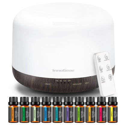 InnoGear Aromatherapy Diffuser & 10 Essential Oils Set, 500ml Essential Oil Diffuser with Remote Control Ultrasonic Cool Mist Scent Humidifier Vaporizer Auto-Off Timer for Room Office Home, Yellow