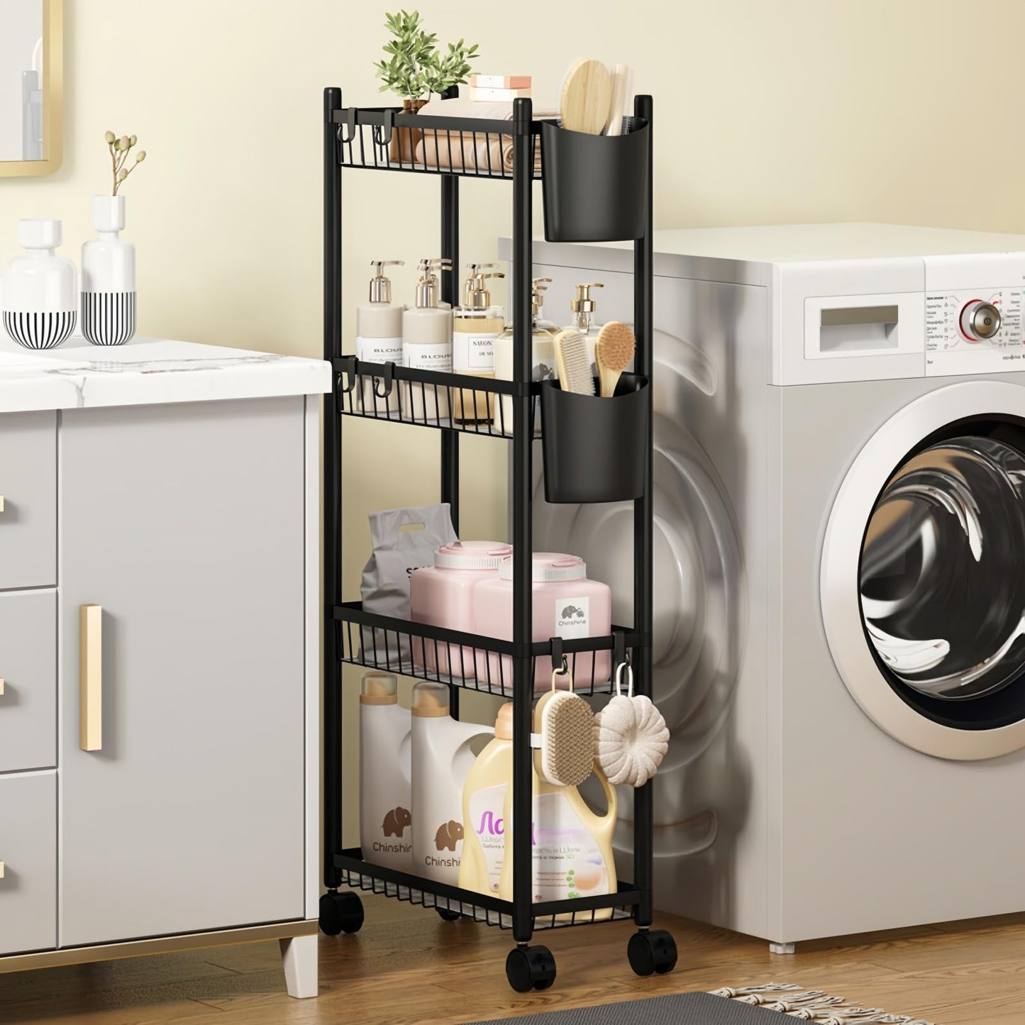 Slim Rolling Storage Cart, 4 Tier Narrow Utility Cart with Wheels, Skinny Metal Mobile Shelf Unit Organizer for Bathroom Kitchen Laundry Room Pantry Office Small Spaces, Black
