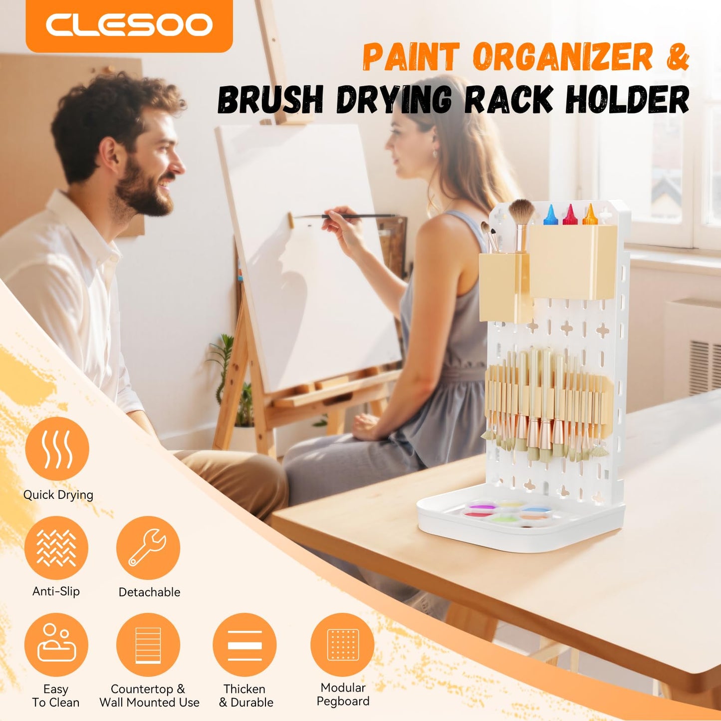 Paint Brush Holder with Drip Tray & Silicone Paint Brush Drying Rack,2 Removable Pegboard Bins for Artist Brush Holder,Paint Brush Stand White Pegboard for Desktop & Wall-Mount for Acrylic Paint Brush