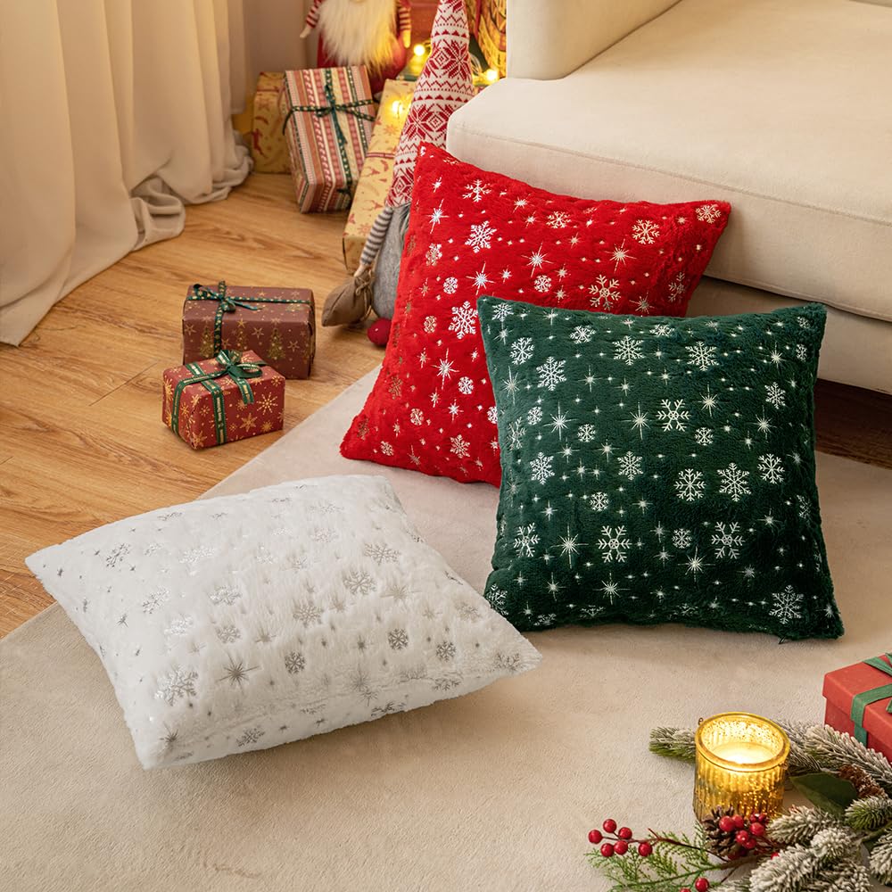 MIULEE Set of 2 Christmas Decorative Throw Pillow Covers Soft Faux Fur Winter Pillow Covers with Silver Snowflake Glitter Holiday Festival Pillowcases for Couch Sofa Bed, 18×18inch, Red