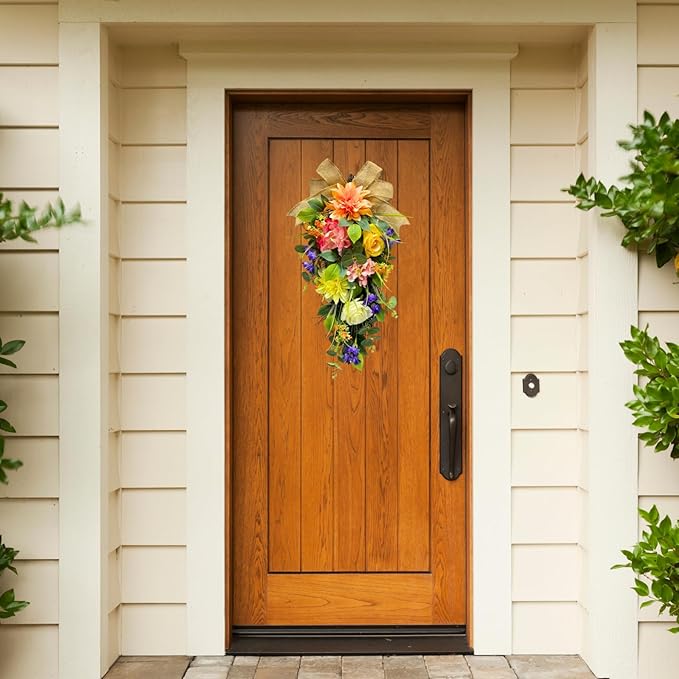 Spring Summer Floral Teardrop Swags Lighted Mixed Flower Teardrop Wreath with Dahlia Pinnata Peonies Rose Burlap Bow and Eucalyptus Leaves Floral Arrangement for Door Wall Mantel Window