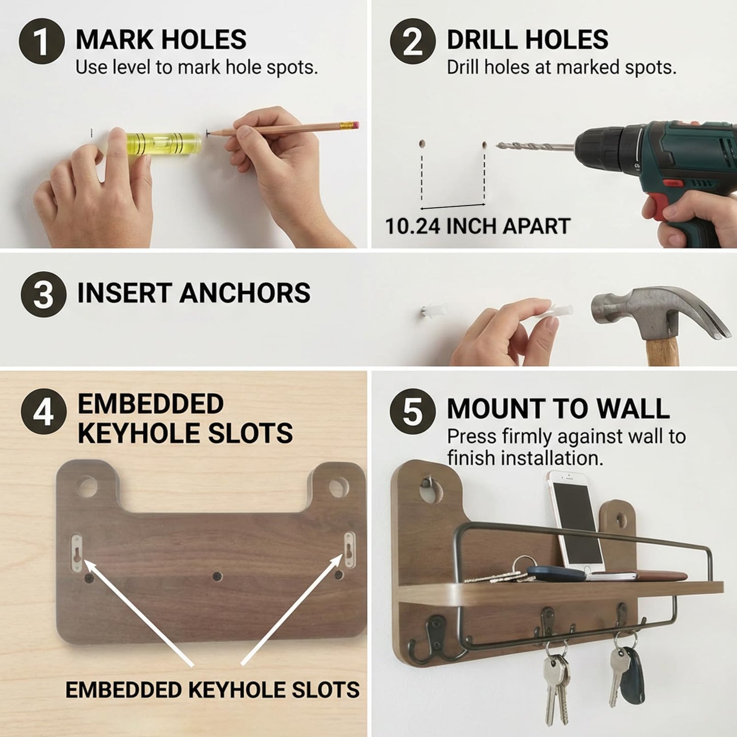 REFGY Key Holder for Wall with Shelf - 5.1" Deep Large Mail Organizer Wall Mount with 3 Heavy-Duty Dual Hooks & Safety Guardrail - Rustic Wood Wall Shelf for Entryway, Kitchen, Office