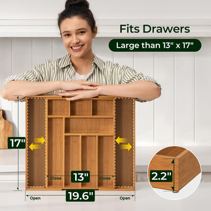 Carbonized Bamboo Kitchen Drawer Organizer, 8 Slots Silverware Organizer, Utensil Holder & Cutlery Tray, 2.2" Deep for Extra Capacity, Non-Slip Feet Included