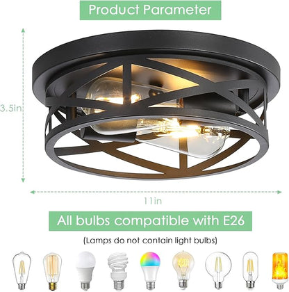 Farmhouse Ceiling Light Fixtures, 11 Inch Metal Cage Cross Close to Ceiling Lights 2-Light, Vintage Flush Mount Ceiling Lights for Bedroom Porch Kitchen Entrance Hallway, Black