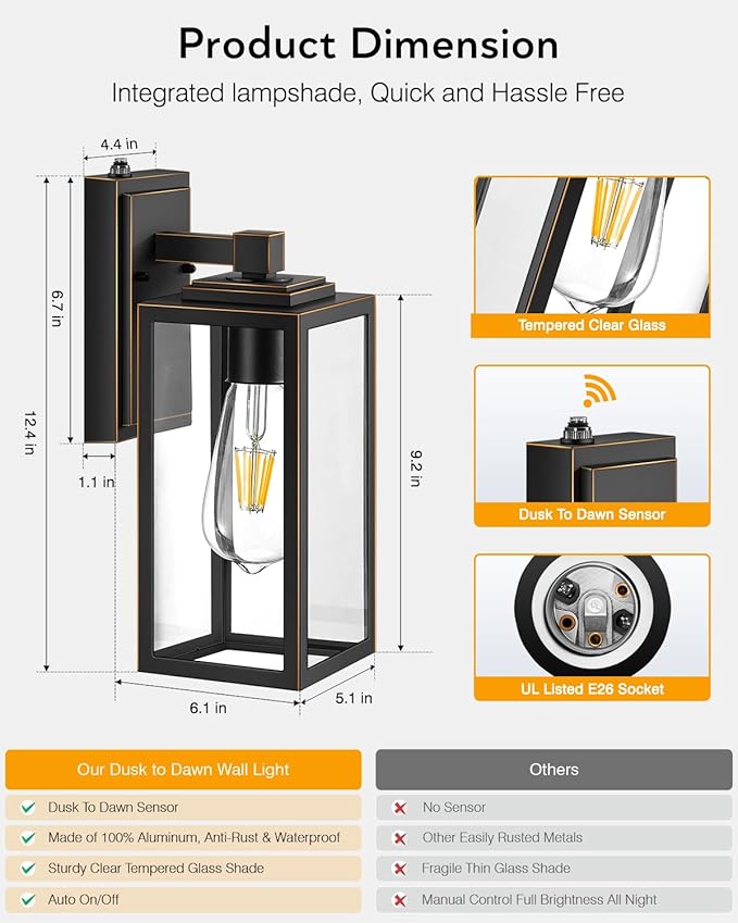 VIANIS 2 Packs Black Gold Outdoor Lights, Anti-Rust Porch Light Wall Mount, Waterproof Garage Light Lantern with Clear Glass, UL Listed Black Lights Sconce for House, Patio, Front Door