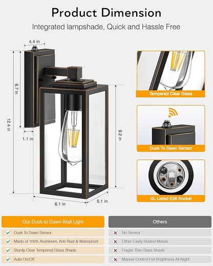 VIANIS 2 Packs Black Gold Outdoor Lights, Anti-Rust Porch Light Wall Mount, Waterproof Garage Light Lantern with Clear Glass, UL Listed Black Lights Sconce for House, Patio, Front Door