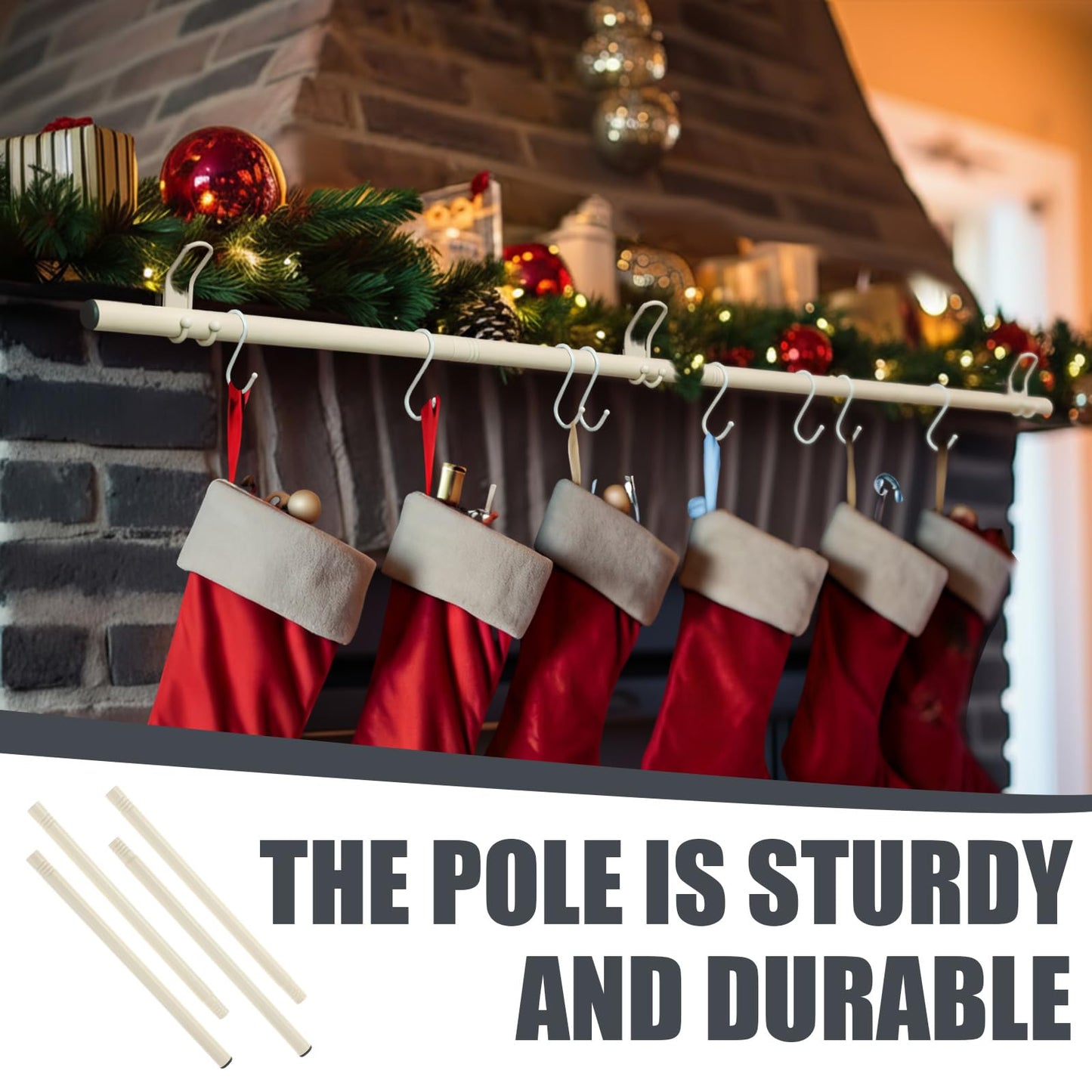 Hoolerry 3 in 1 Christmas Stocking Garland Hanger for Mantle Fireplace 3 Mantel Garland Hangers with 4 Adjustable Tension Rods 10 S Hooks for Xmas Holiday Stocking Wreath Hanging Ornament Decorations
