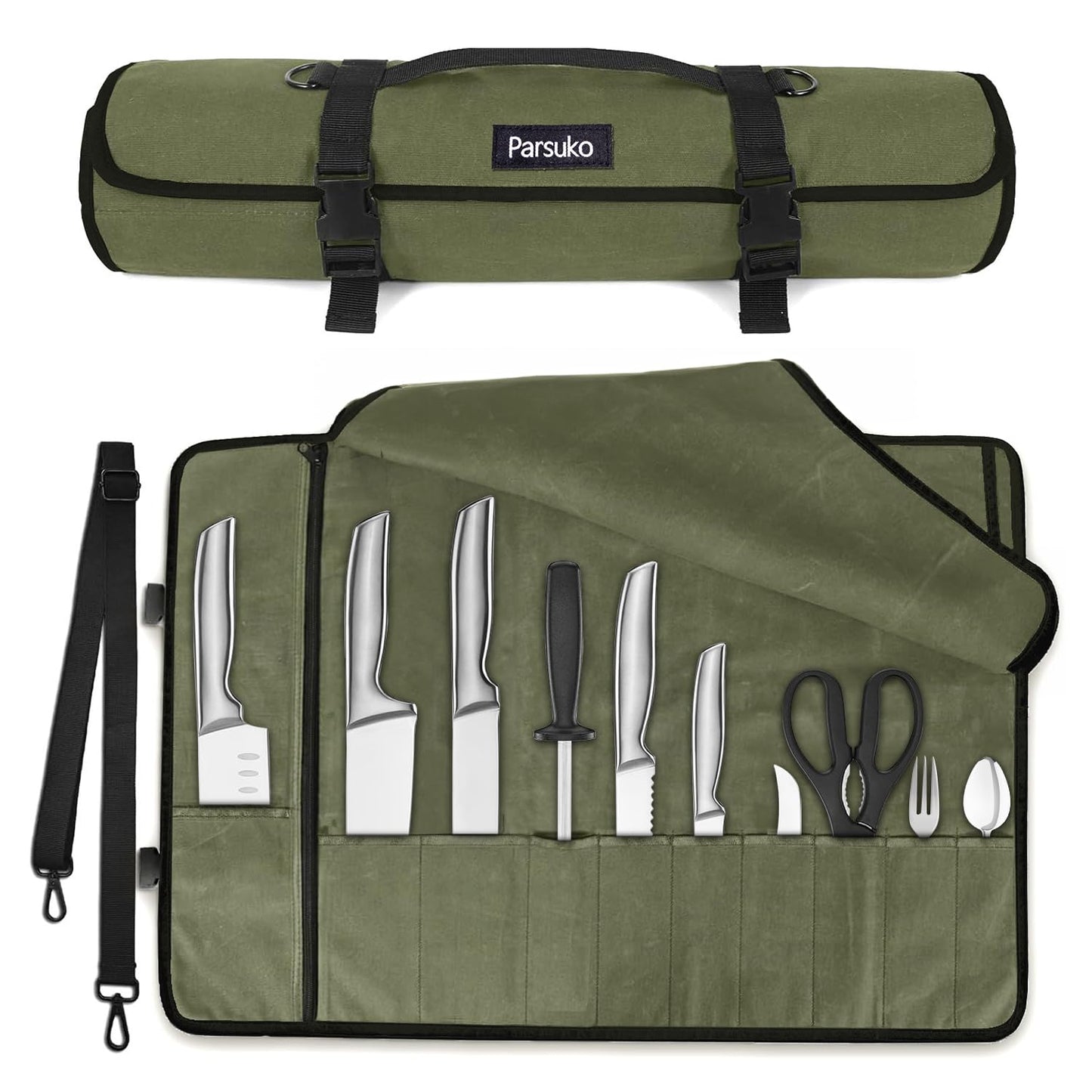 Parsuko Chef Knife Roll Bag,Waterproof Waxed Canvas Knife Case Holds,Knives Roll Bags for Chefs Professional with Adjustable Strap,Chef Backpack with 10 Knife Slots and a Large Zippered Pocket
