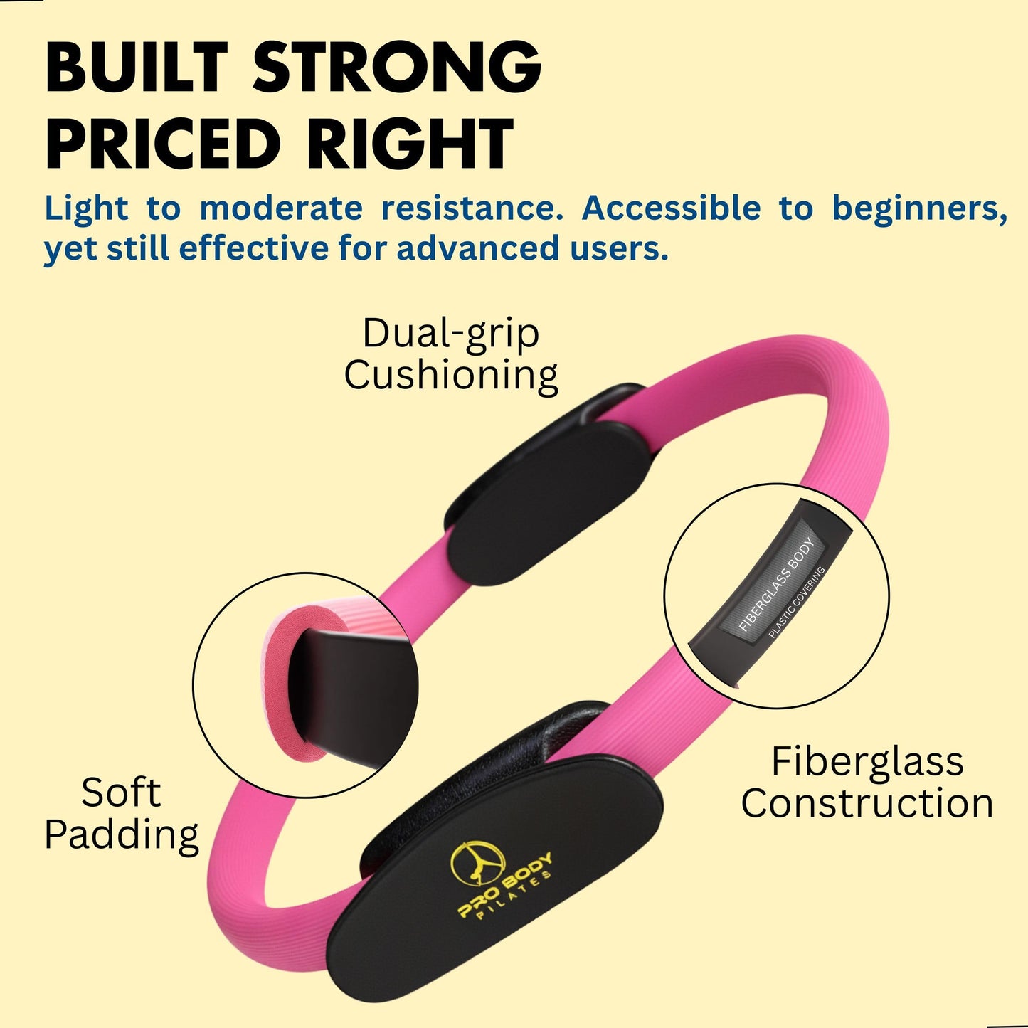 ProBody Pilates Fitness Circle – 14 Inch Pilates Ring for Yoga and Other Workouts, Focusing on Toning Inner Thighs, Arms, Core and Back, at Home Pilates Equipment (Pink)