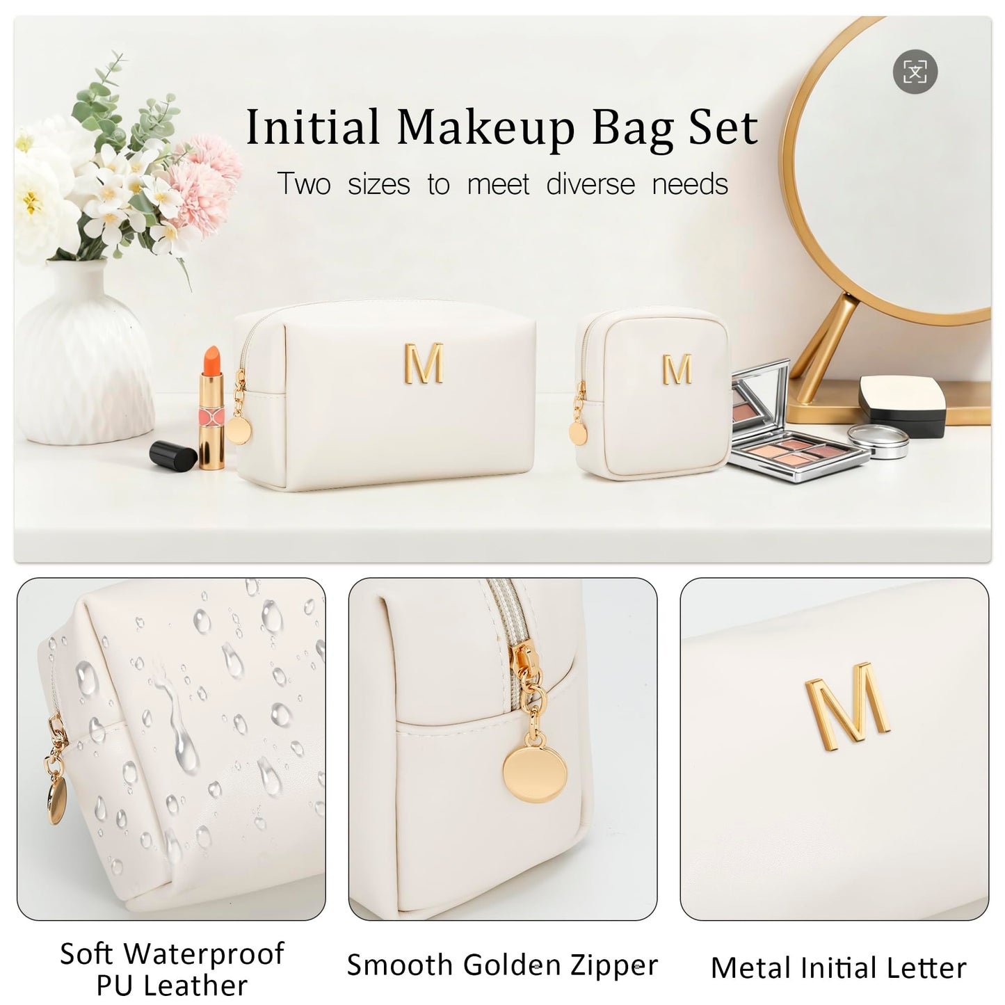 CLOUDWINGS Personalized Birthday Gifts for Women - Initial Makeup Bag Set Travel Toiletry Bag Cosmetic Bags Soft Waterproof PU Leather Makeup Pouch Travel Essentials (M, 2pcs Beige)