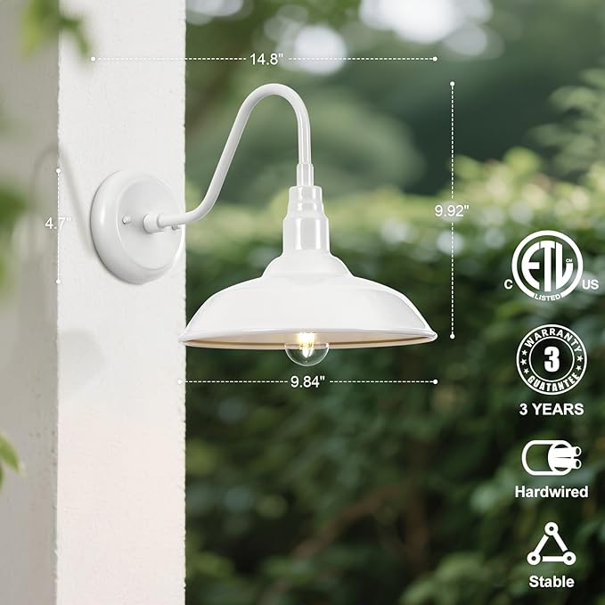 10'' Diameter Outdoor Gooseneck Barn Light Fixture with Wall Mount, White Exterior Waterproof Porch Barn Door Wall Lantern, Farmhouse Outdoor Wall Sconce, 1 Pack, LM2201-WH