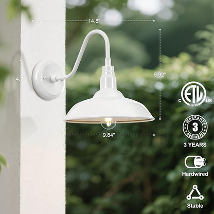 Outdoor Gooseneck Barn Light Fixture with Wall Mount, 10'' Diameter White Exterior Waterproof Wall Lantern for Porch, Farmhouse Wall Sconce, 2 Pack, LM2201-WH-2P