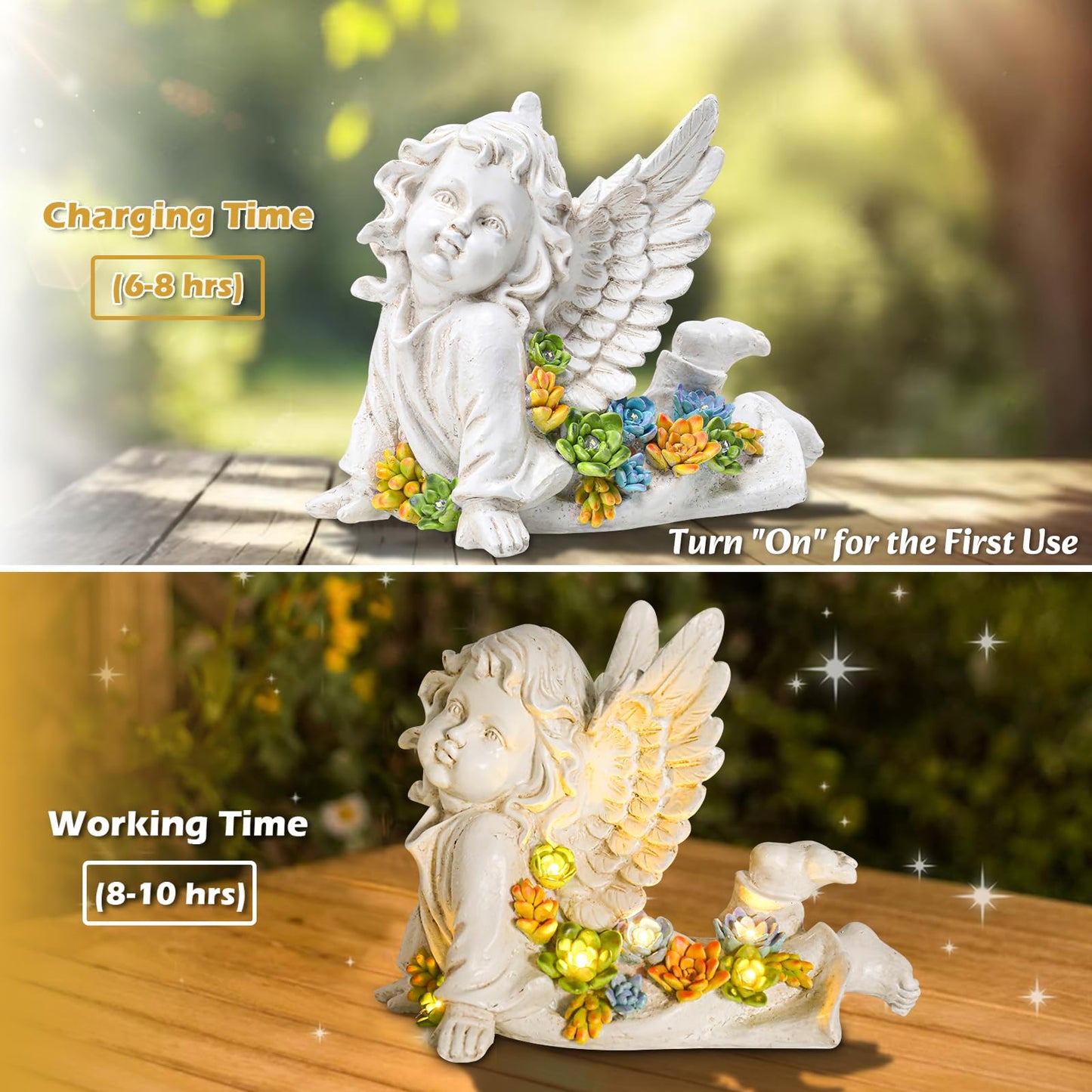 Solar Cherub Angel Outdoor Garden Decor Statues - 7 inches Baby Angel Figurines Outdoor Sculptures with Succulent, Garden Statues for Outside, Patio, Balcony, Lawn Ornaments or Housewarming Gift
