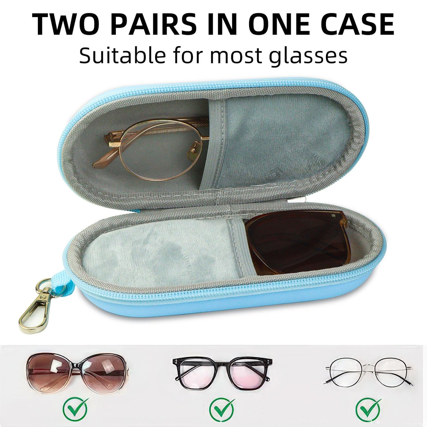 CHANGAR Double Eyeglasses Case PU Hard Shell Dual Glasses Case，Multiple Leather Sunglasses Organizer with Clip Double Eyewear Storage for Men Women Travel(Blue)