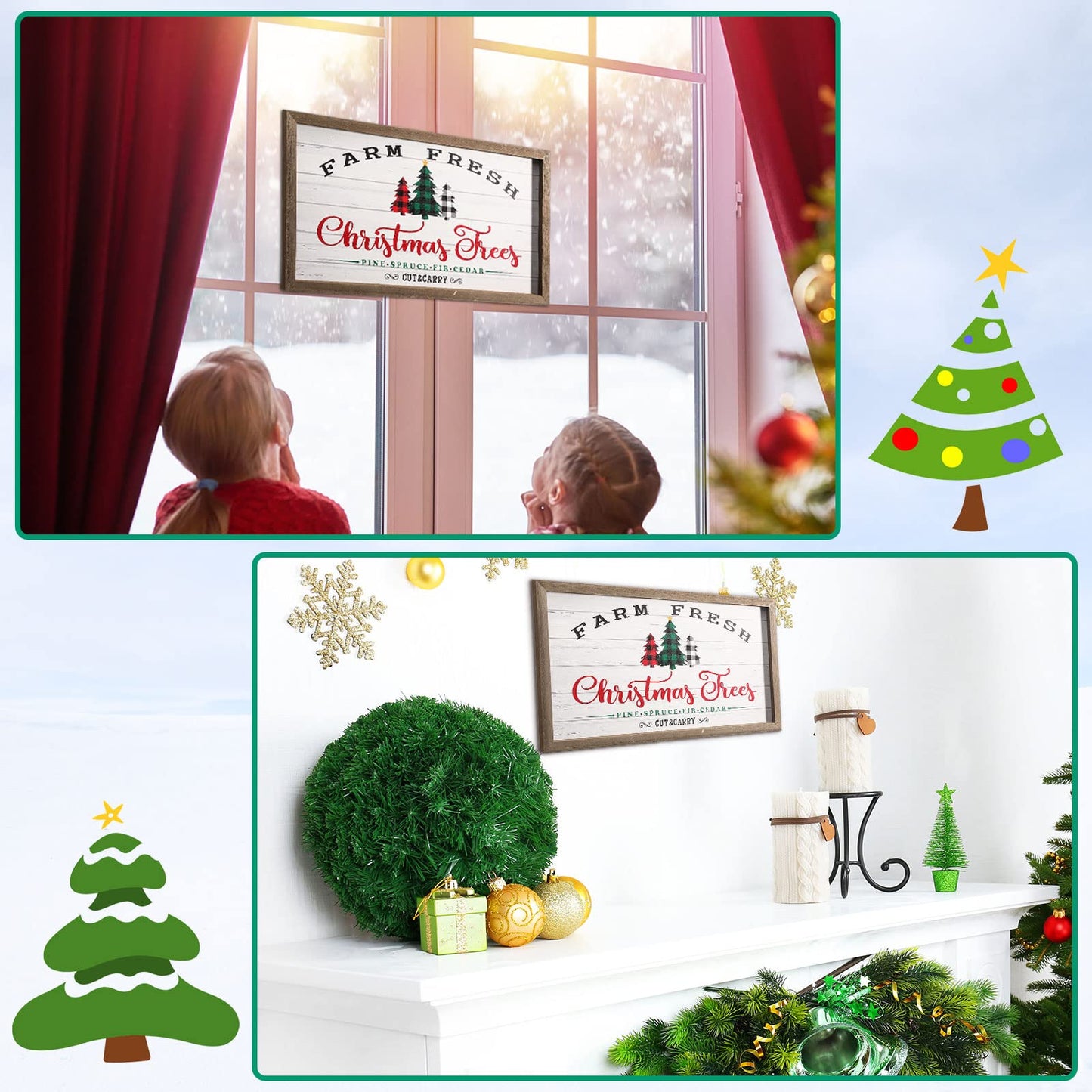 Christmas Signs Farm Fresh Christmas Trees Wood Sign Rustic Farmhouse Holiday Decor with Wooden Frame Buffalo Plaid Xmas Winter Hanging Wall Decor for Home Party Living Room Fireplaces Table Decor