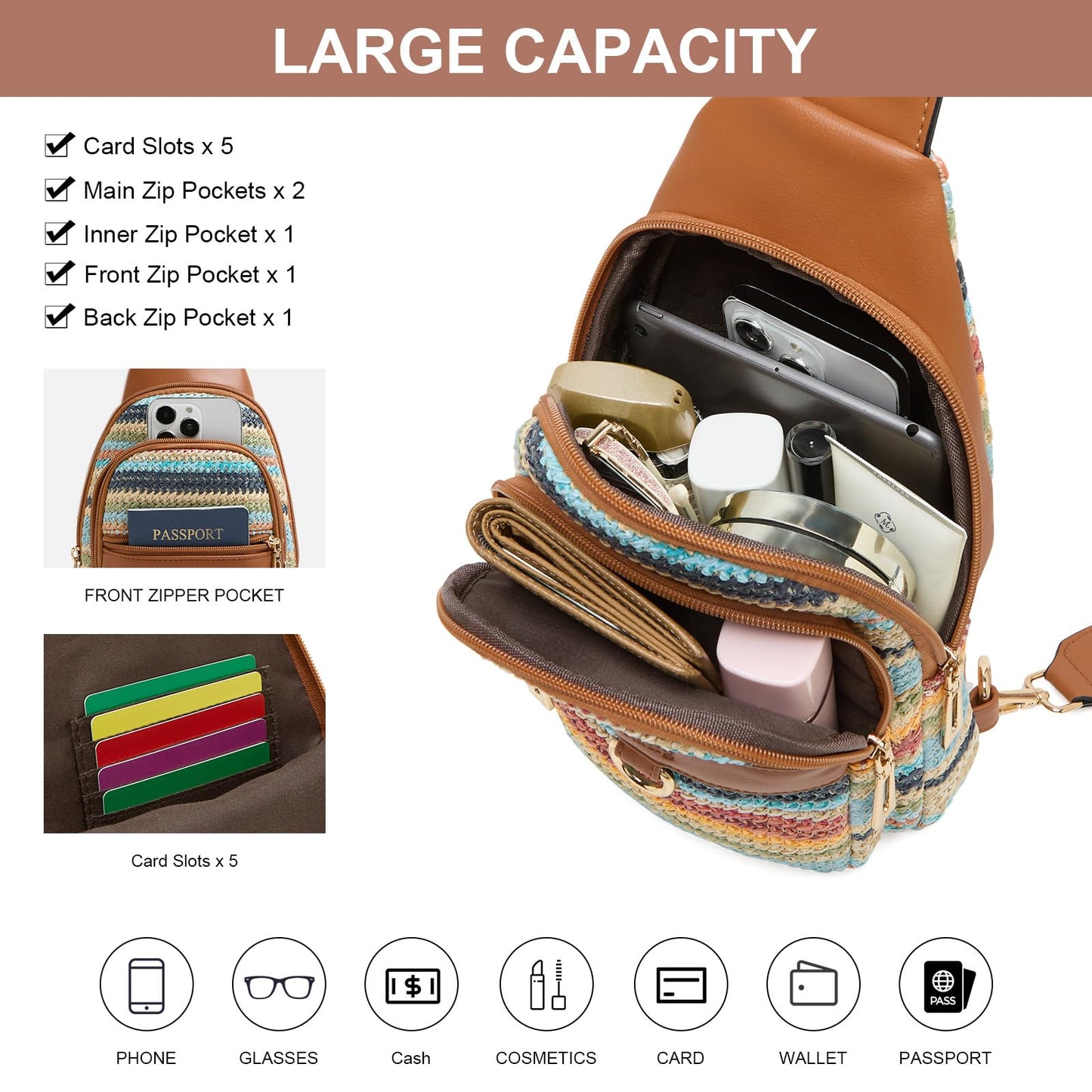 cakang 7L Straw Crossbody Bags for Women - Fashion Sling Chest Bag with Rainbow Woven Design, Lightweight Fanny Pack Travel Leather Shoulder Bag (Brown)