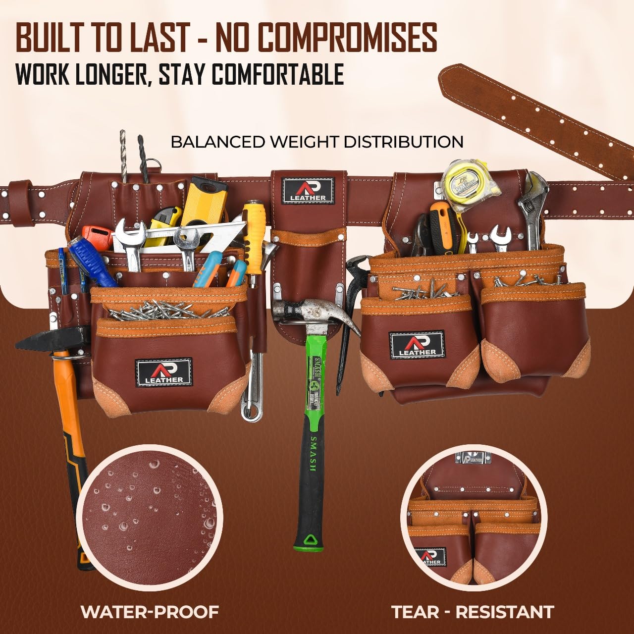 AP-LEATHER PRO-19 4MM Genuine Full Grain Leather Tool Belt for Men, tool belt with suspenders, Comfort Back Padded Support with Brass Hardware Tool Pouches With Suspenders (28 Pocket Tool Belt)
