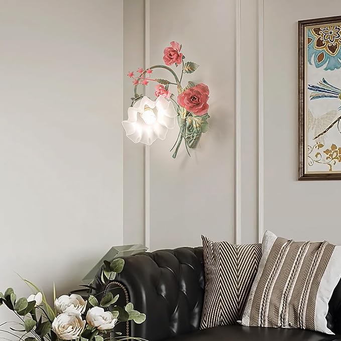 Vintage Floral Wall Sconce,Metal Wall Lamp with Glass Lampshade,Mounted Wall Lights for Bedroom Living Room Corridor Vanity Hallway E26 Wall Art Scones 40 * 40Cm Right