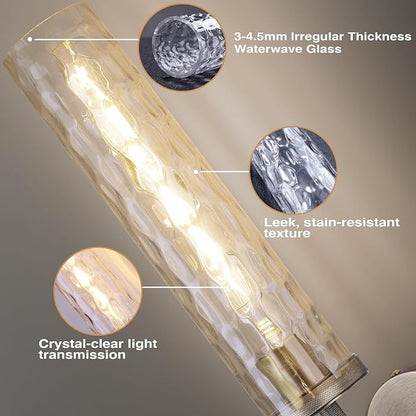 Brass Sconces Wall Lighting 19.48" with Rippled Glass Shade, Solid Knurled Brass Wall Sconces, Vintage Industrial Sconce Lamps for Bedroom Bathroom Entryway & Staircase Mirror Decor(Including Bulb)