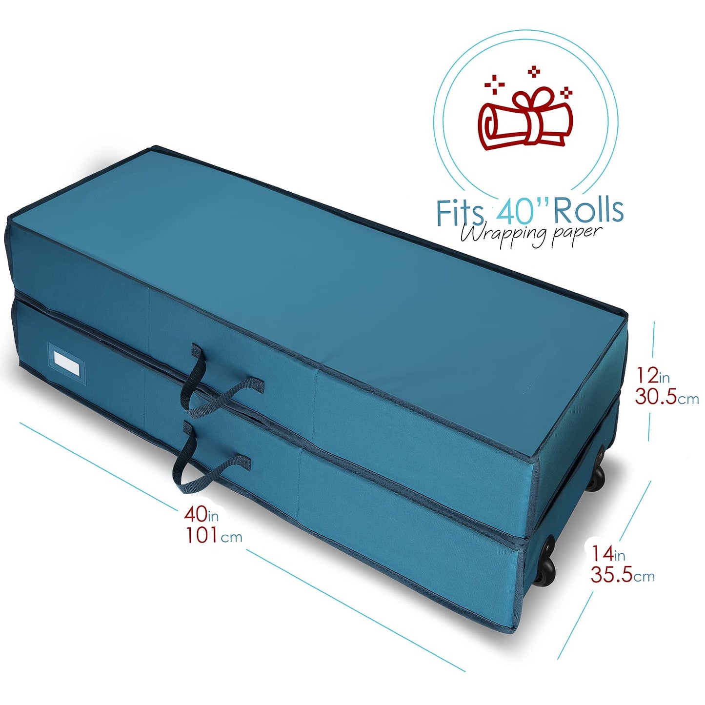 Hearth & Harbor Wrapping Paper Storage Container with Ribbon Dispenser and Interior Pockets - Large Christmas Storage Containers with Wheels, Fits 30 Rolls of 40" Length, Blue