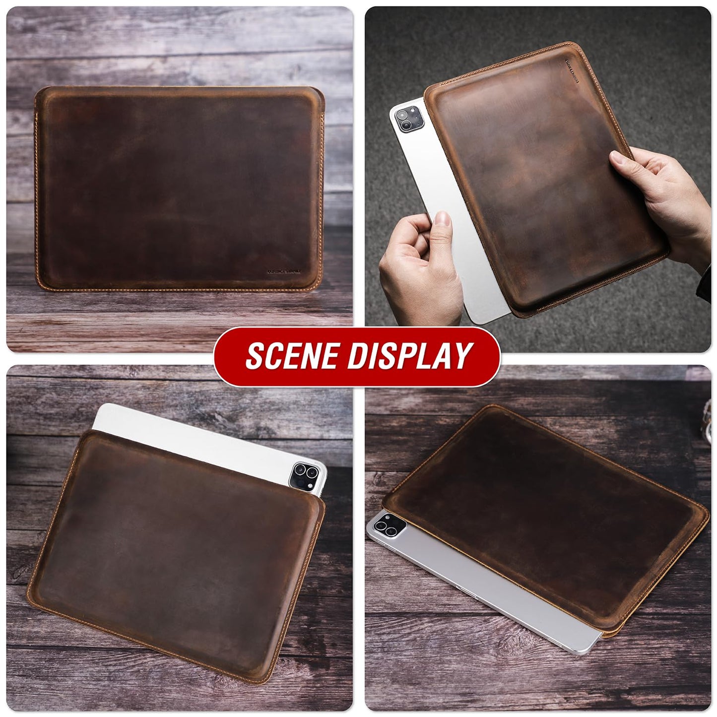 CataPurus Top Grain Leather 11" Sleeve Slim Protector Case for Tablet, Solid Vintage Design, Fully Handmade, Compatible with 10.5"/10.9"/11" iPad Pro/Air, 10.2" iPad 7th/8th/9th Gen, Coffee 11 Inch
