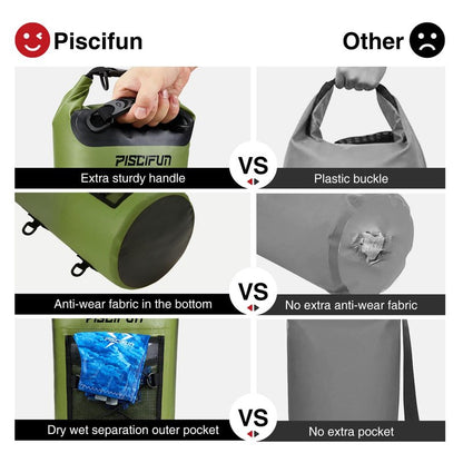 Piscifun Dry Bag, Waterproof Floating Backpack 10L with Waterproof Phone Case for Boating, Kayaking, Fishing, Grey 10L