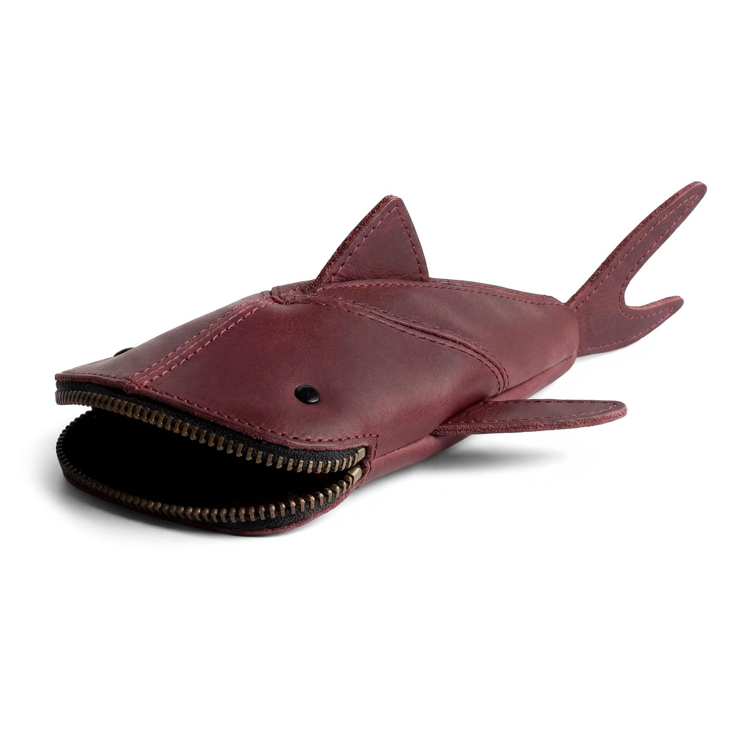 Hide & Drink, Full Grain Leather Zipper Coin Pouch, Change Bag, Pencil Purse, Scissors Case, Shark Shaped Cable Holder, Wallet, Makeup, Stuffed Animal, Handmade, Sangria