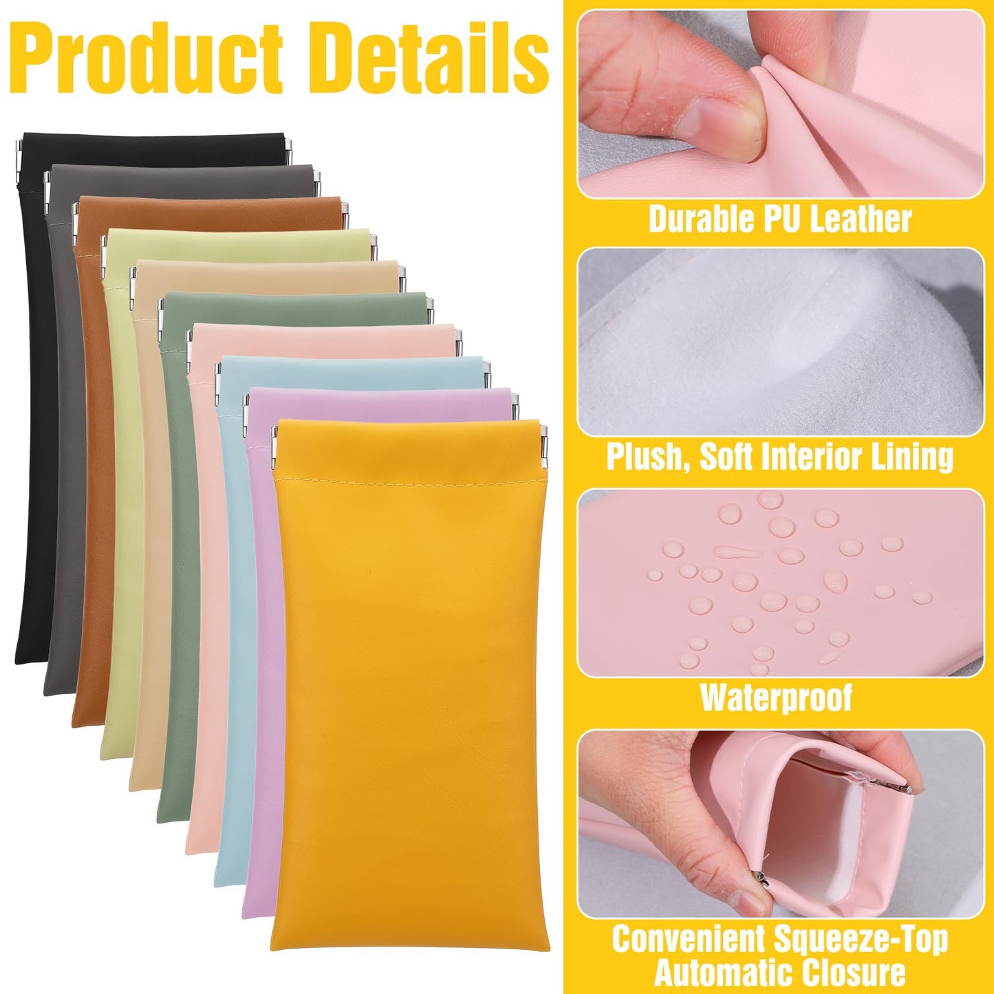 Kegeeei 20 Pack Soft Leather Sunglasses Case Pouch with Squeeze Top Closure - 10 Colors (2 Each), PU Eyeglasses Holder for Women & Men, Anti-Scratch Glasses Storage Bag