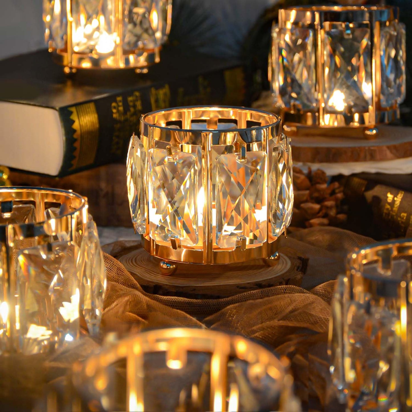 Kolnlala 6pcs Tabletop Tealight Crystal Candle holders3.5''x3.5'' Class Votive Holder Home Decoration,Table centerpieces/Wedding Decor,Gorgeous Gift,Tabletop/Centerpiece Votive Holder (French Gold)