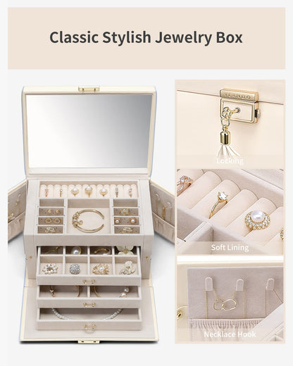VLANDO Jewelry Box for Mothers Day Teacher Appreciation Gifts, 4-Tier Jewelry Organizer with Lock, Mirror Jewelry Box for Earring, Ring, Necklace, Jewelry Storage for Women Girls - Beige