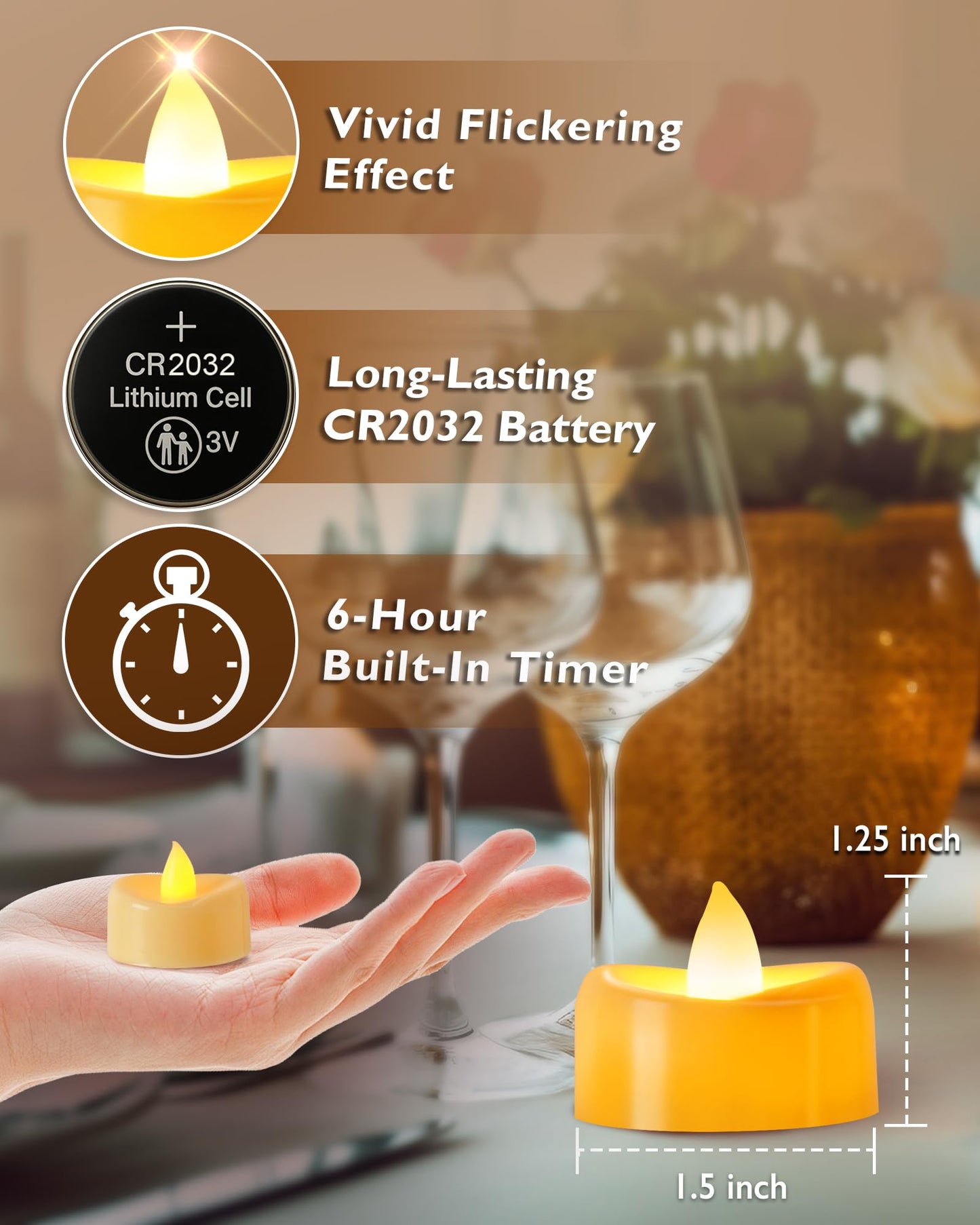 Raycare 24 Pack Tea Lights with Timer, 6H Timer Built-in, Flameless Battery Operated Tea Lights in Warm Yellow, Flickering Votive Candle for Wedding Party Halloween Thanksgiving Christmas Decorations
