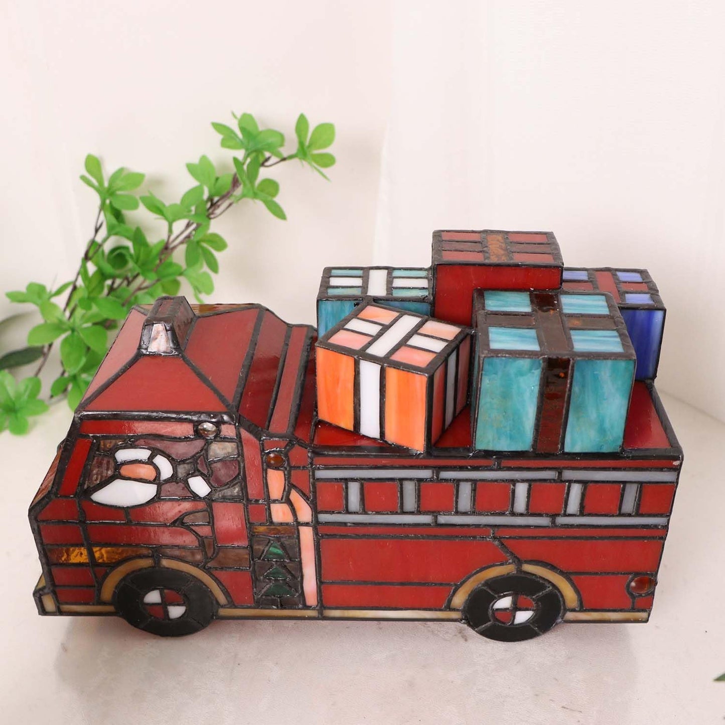 Bieye L12009 Tiffany Style Stained Glass Christmas Fire Truck Table Lamp with Santa, Reindeer, and Gifts, Handmade Holiday Decoration, 12" Wide