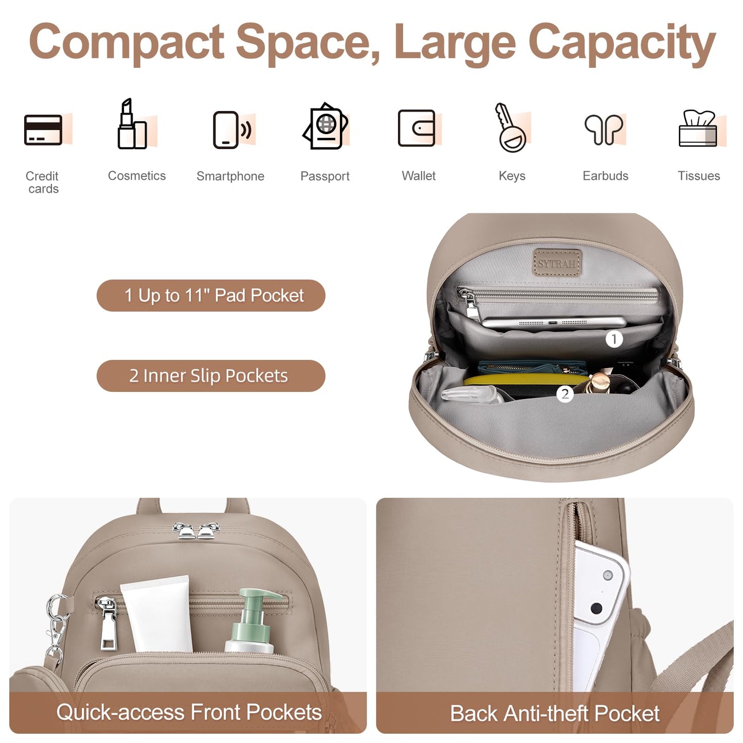 SYTRAH Mini Backpack for Women Small Backpack Purse, Anti Theft Backpack Waterproof Lightweight Puffer Back packs for Travel, Work with Coin Purse Khaki