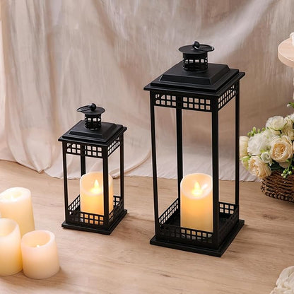Vintage Lanterns Decorative Indoor, 17'' 11'' Set of 2 Black Candle Lantern Decor, Lanterns Decorative for Retro Living Room, Mantel, Patio, Porch, Garden, Balcony, Wedding Tabletop Lantern
