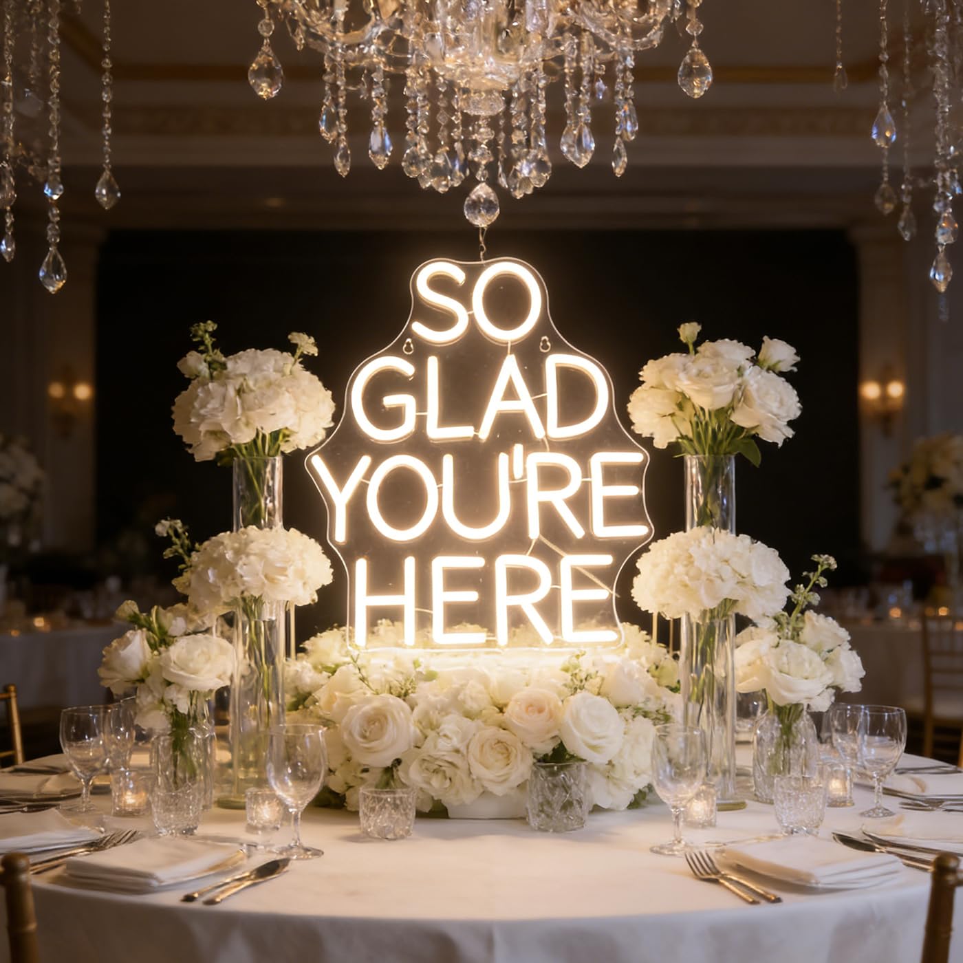 QiaoFei LED "So Glad You Are Here" Neon Sign Pink Word/Letters USB Powered Neon Lights for Bar Coffee Room Home Art Wall Decor  Birthday/Wedding Party Window Living Room Decor(Warm white)