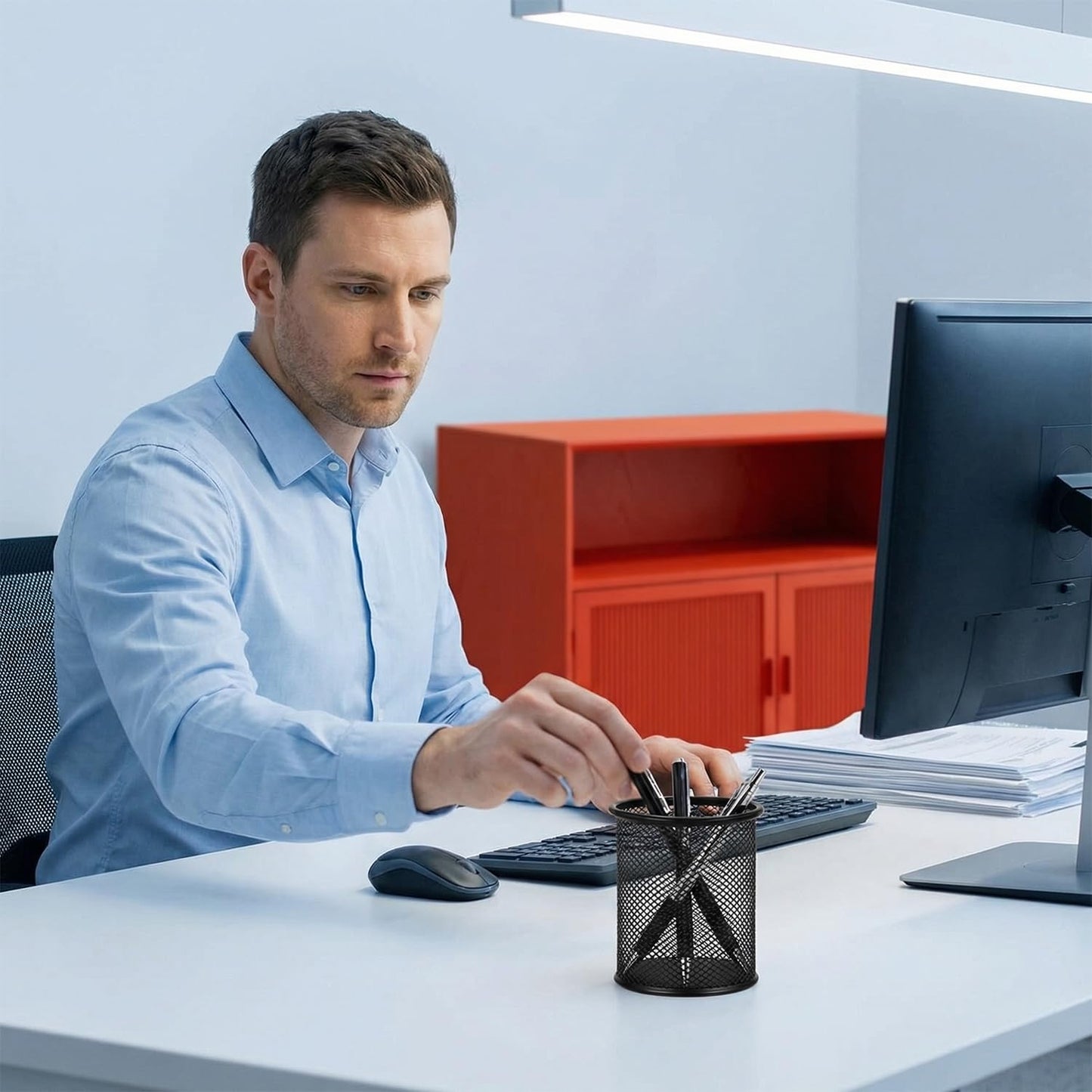 SNOW COOLER Pen Holder Mesh Pencil Holder Metal Pen Holder Cup Pencil Cup Holder for Desk Office Pen Organizer Black, 4 Pack