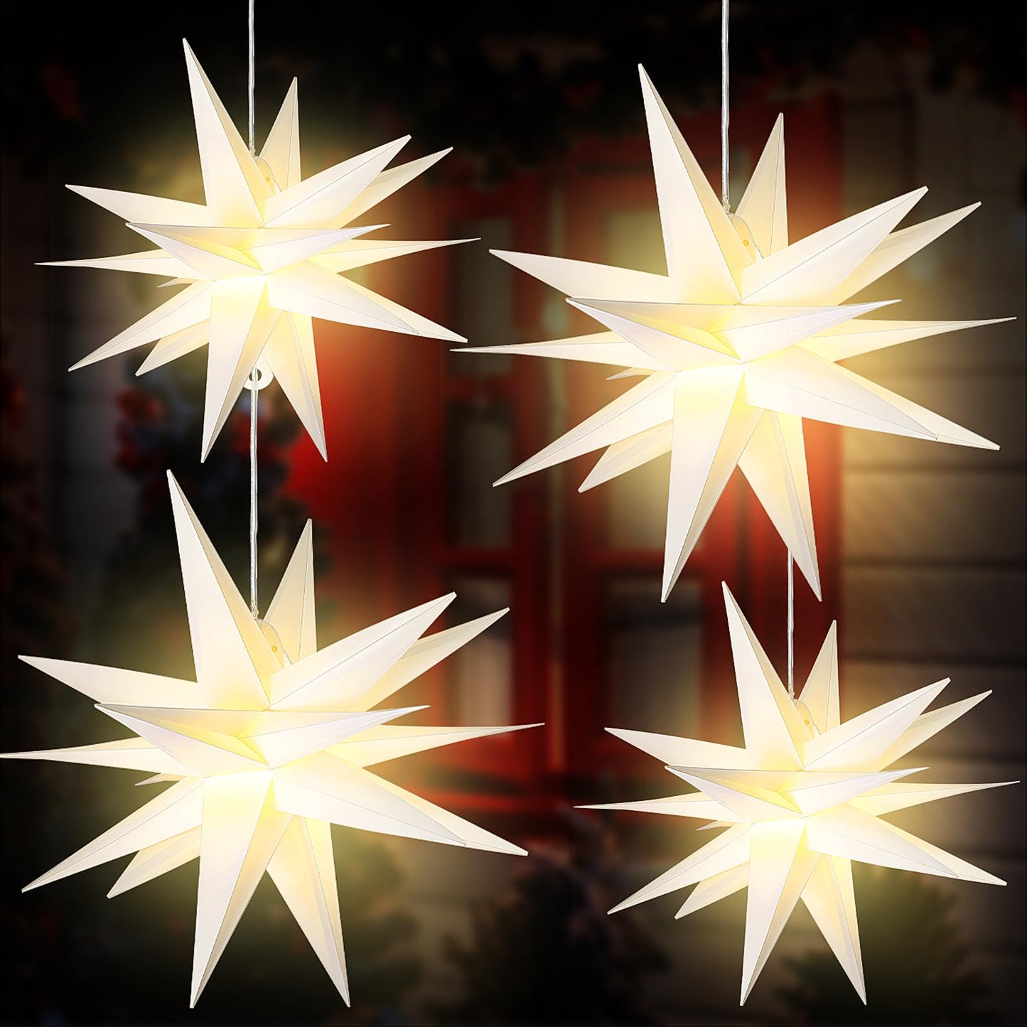 Kittmip 4 Pack Large LED Moravian Star Light Hanging Outdoor Christmas Warm White Porch Pendant Light Holiday Decoration for Christmas Trees Balconies Courtyards Advent Star (15.8''+19.7")