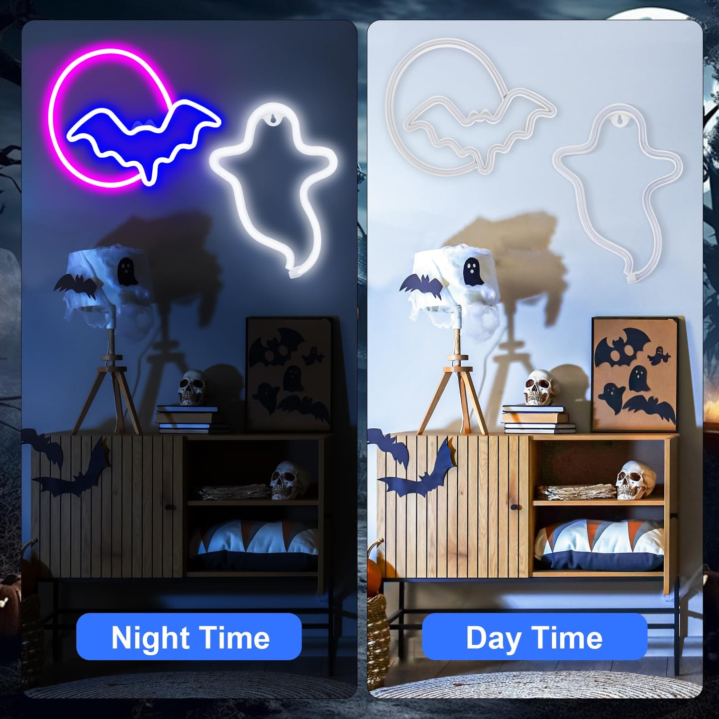 2 Pack Halloween Decoration LED Neon Sign Light,Ghost/Bat and Moon Lights Hanging Neon Signs for Halloween Party Indoor Home Window Decorations (Batteries not Included)