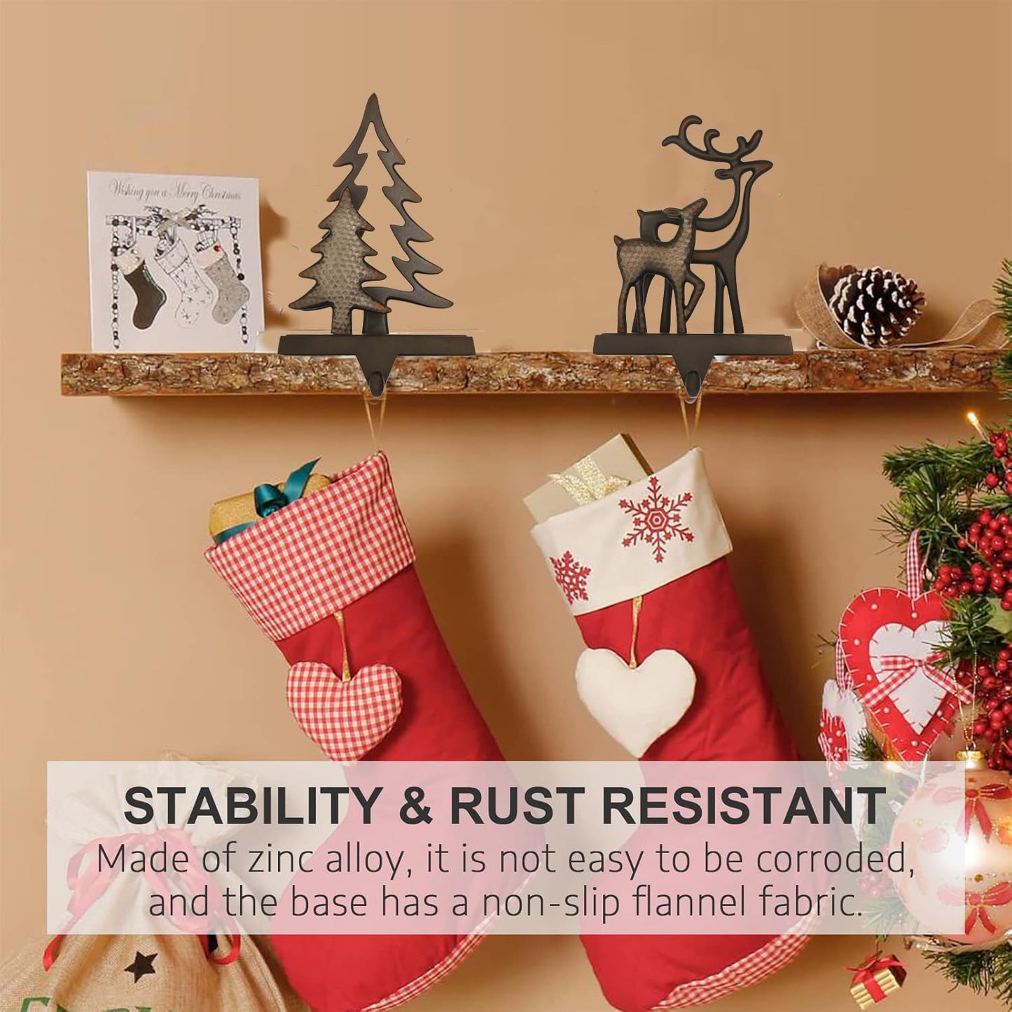 Set of 4 Christmas Stocking Holders for Mantel,Deer Snowman Snowflake Reindeer Stocking Holders for Fireplace Christmas Hanger for Stocking,Metal Stocking Hooks for Xmas Decoration (Black set, 4)