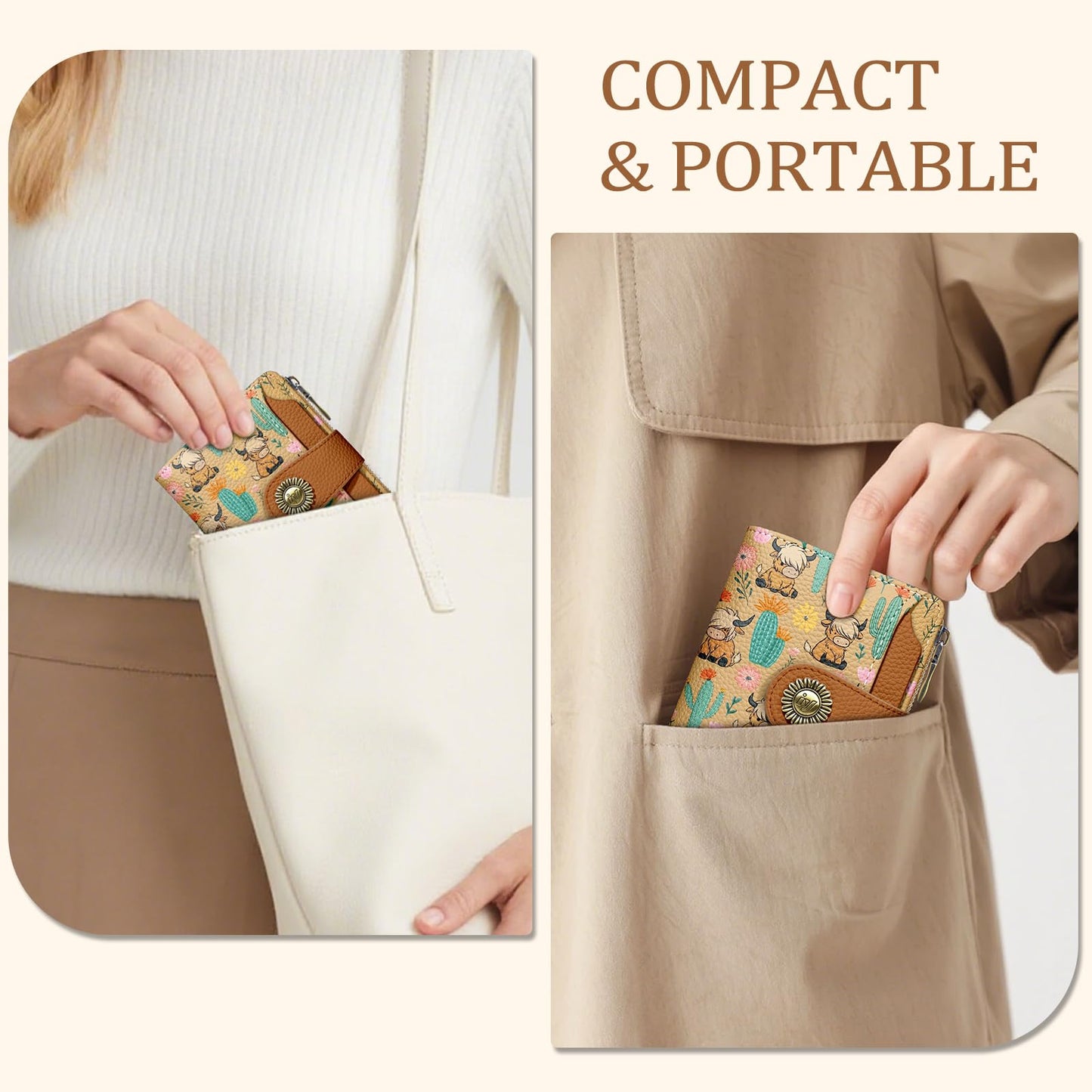 Icycay Highland Cow Small Wallet Women RFID Blocking Bifold, Cute Credit Card Holder, Zipper Coin Pocket, PU Leather, Compact, Travel, 4 ID Window, 14 Card Slots, Cash Purse, Ladies Woman