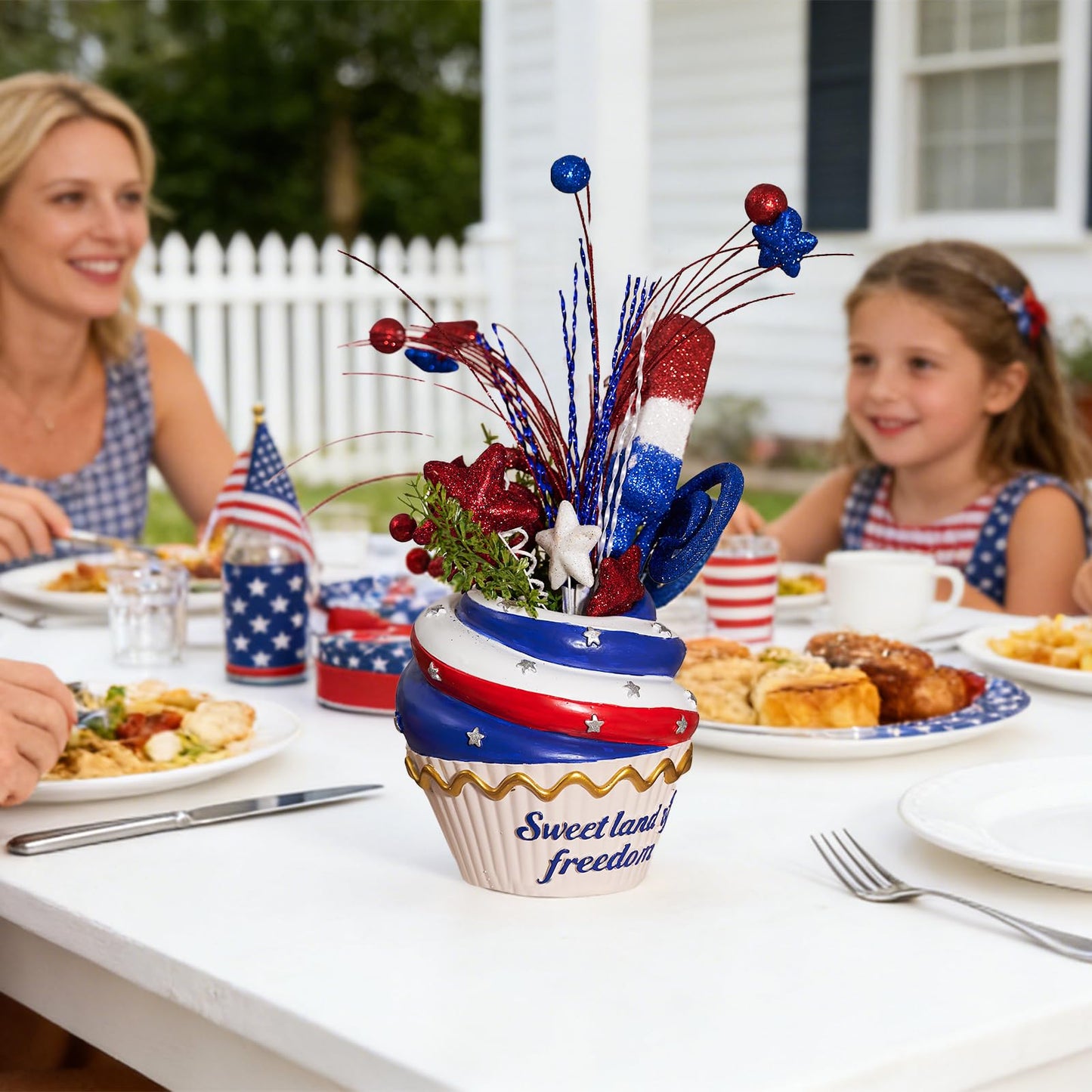 WDS WONDROUS 4th of July Centerpiece for Tables Red White and Blue Patriotic Flowers Decorations with Cupcake Vase, Resin Vase Shiny Popsicle Star Flowers for Independence Day Summer Memorial Day