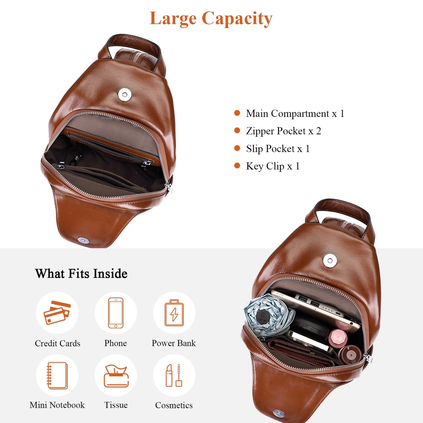 Over Earth Genuine Leather Sling Bag for Women Men Small Causal Crossbody Purse Chest Backpack(O212E Brown)