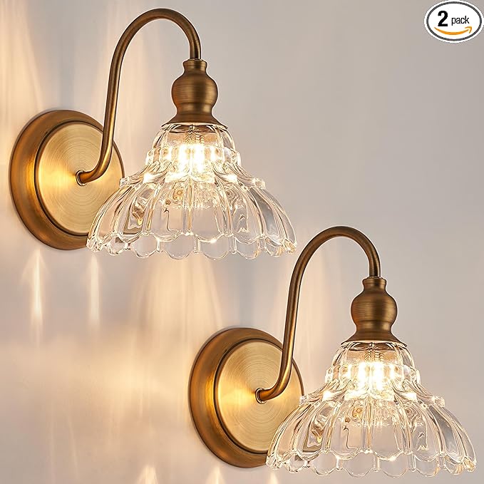 2-Pack Vintage Wall Sconces Brass Bathroom Vanity Lighting Fixtures Beautiful Wall Light Set of Two for Bedroom Bathroom Hallway Living Room