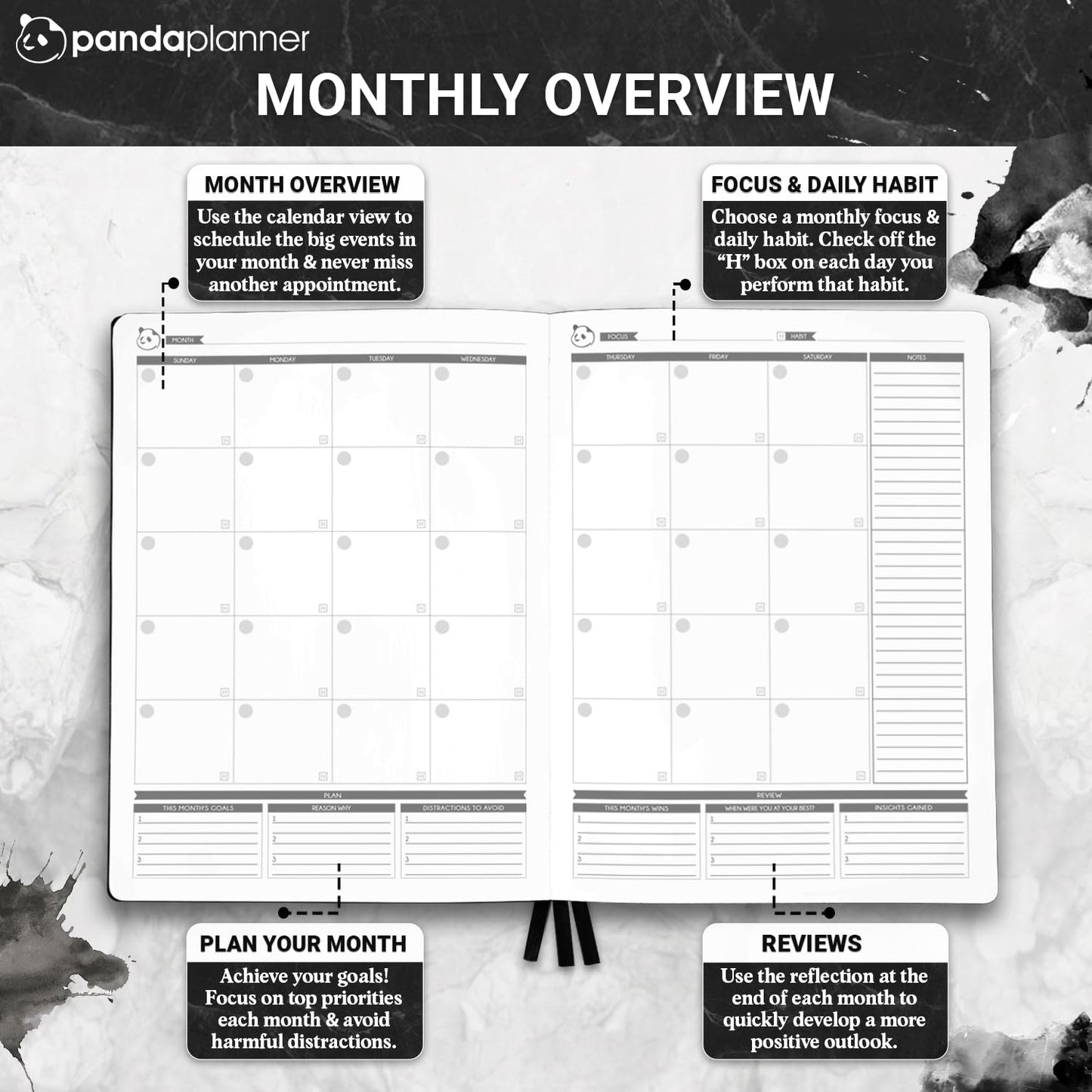 Panda Planner Weekly 2026, Undated Weekly Planner for Office, School & Home – 8"x11" Soft Vegan Leather Organizer Notebook with To-Do Lists, Habit Tracker, Notes & Agenda – Black